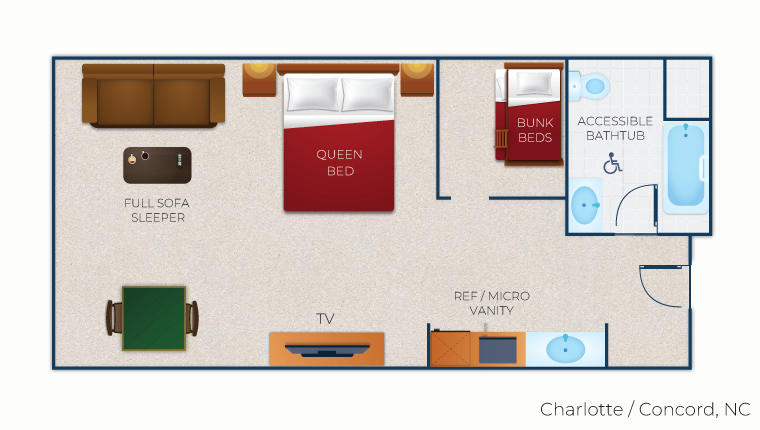 The floor plan in the accessible bathtub KidCabin Suite